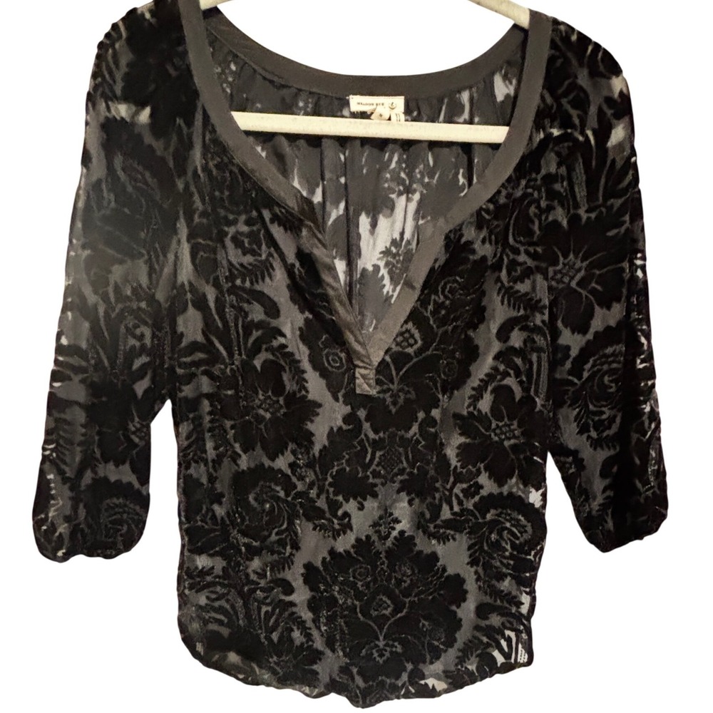 Meadow Rue‎ Anthropologie Black Burnout Velvet top Sheer V-Neck sz M whimsigoth